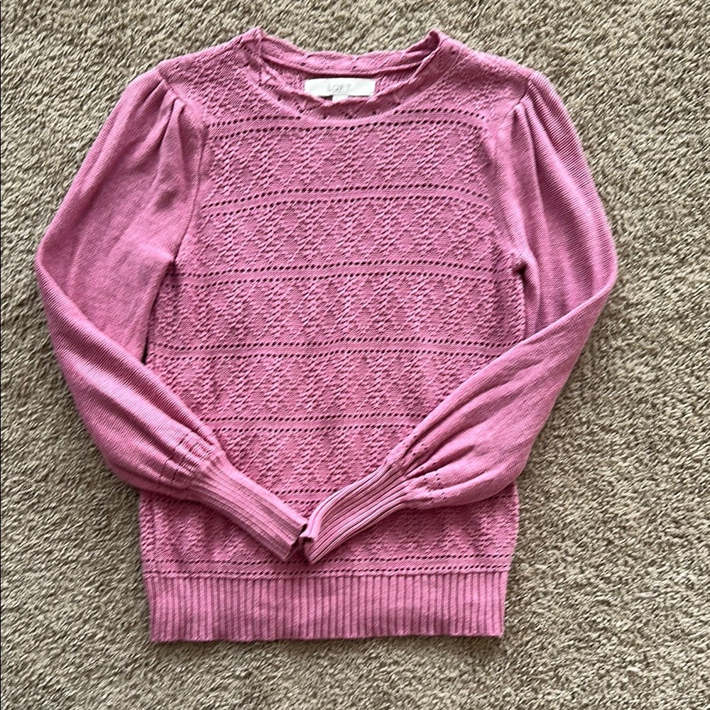 LOFT Pink Crew Neck Eyelet Knit Sweater